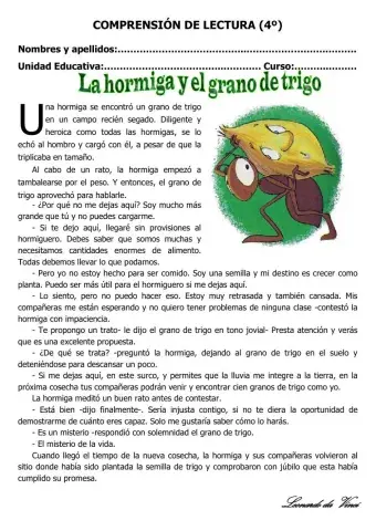 Comprensión de lectura 4º