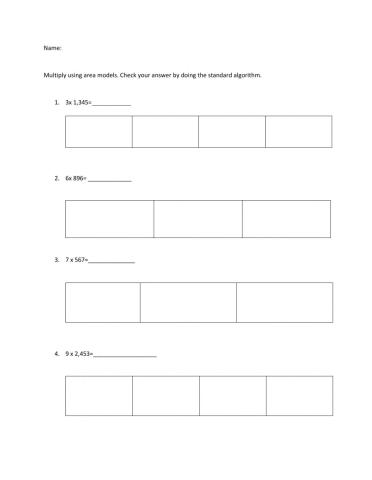 1 digit multiplication with area models
