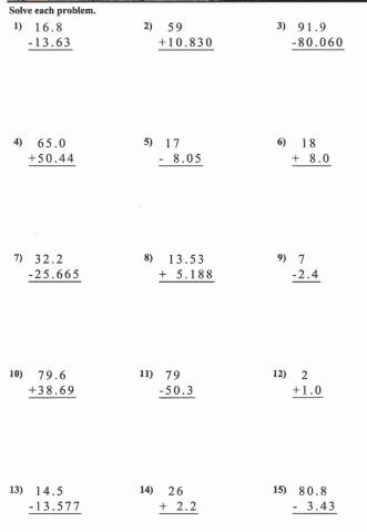 Add and Subtract decimals 1