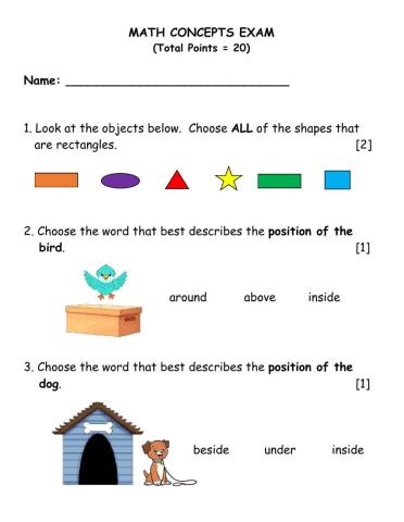 Grade 1 Math Concepts Christmas 2020 Exam