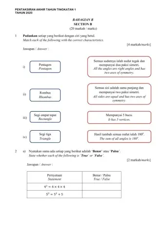 Pat tingkatan 1 matematik 2020 (bahagian b)