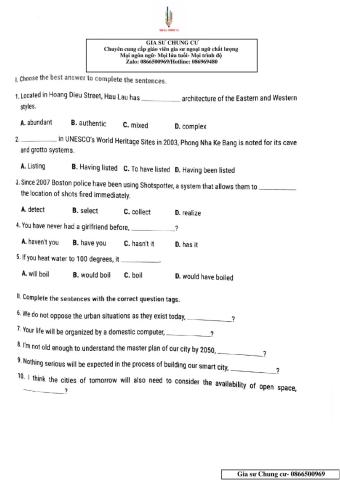 Lớp 11 - Kiểm tra 15 phút lần 1 Unit 9,10