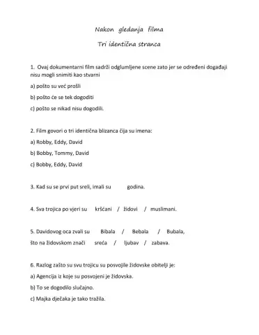 Nastavni listić nakon gledanja filma Three Identical Strangers