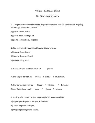 Nastavni listić nakon gledanja filma Three Identical Strangers