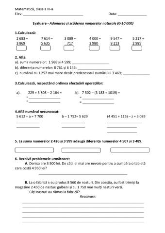 Evaluare sumativă - Adunarea și scăderea numerelor naturale (0-10 000)