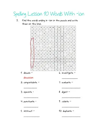 Spelling Lesson 10 Words With -ion