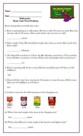 Metric Units Word Problems