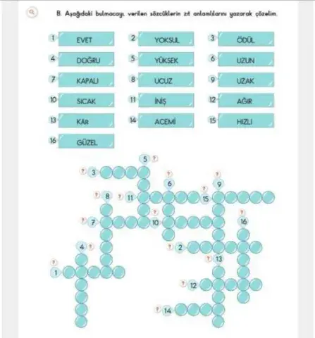 Zıt Anlamlı Kelimeler Bulmaca