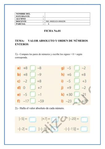 Valor absoluto y orden de numeros enteros