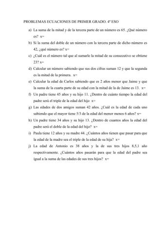 PROBLEMAS ECUACIONES PRIMER GRADO 4º APLICADAS