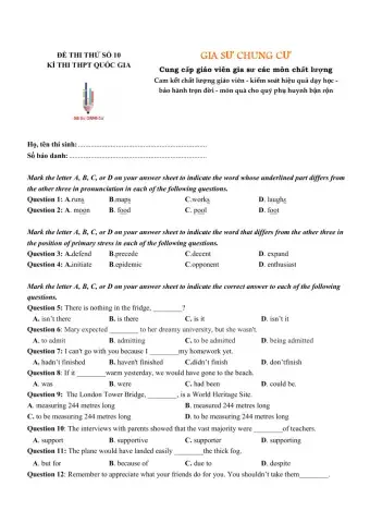 Đề thi thử THPT Quốc gia số 10