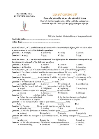 Đề thi thử Tiếng Anh THPT Quốc gia số 12