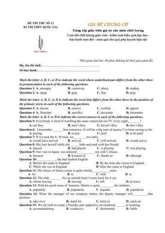 Đề thi thử Tiếng Anh THPT Quốc gia số 12