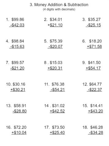 3. Money addition and subtraction - 4 digits with decimals