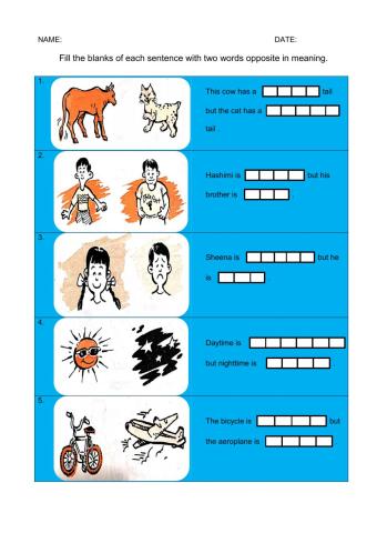 Fill in the blanks of each sentence with two words opposite in meaning.
