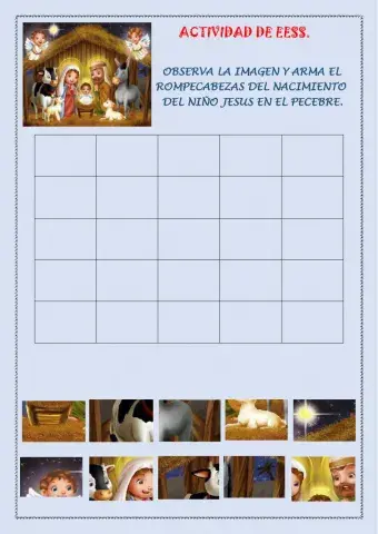 Rompecabezas del nacimiento del niño Jesús en el pecebre.