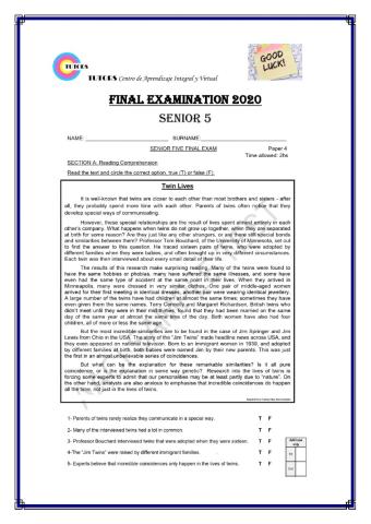 Senior 5 final exam 2020