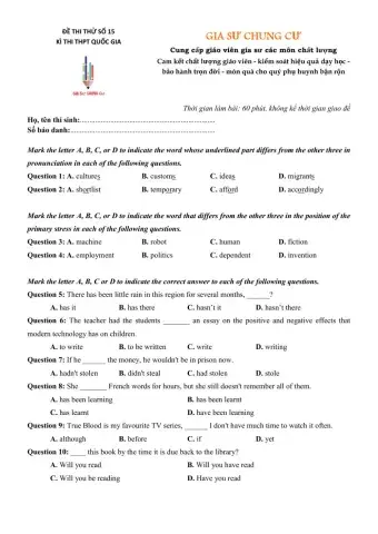 Đề thi thử Tiếng Anh THPT Quốc gia số 15