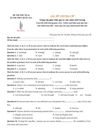 Đề thi thử Tiếng Anh THPT Quốc gia số 16