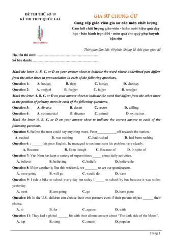 Đề thi thử Tiếng Anh THPT Quốc gia số 19