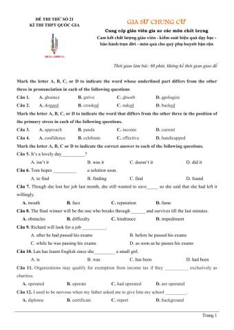 Đề thi thử Tiếng Anh THPT Quốc gia số 21