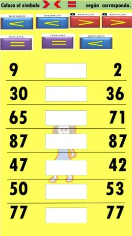 Coloca el simbolo mayor que, menor que , igual que segun corresponda.