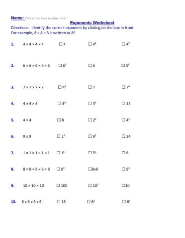 Identify Exponents Worksheet