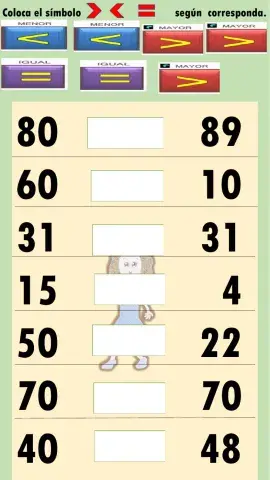 Coloca el simbolo mayor que, menor que , igual que segun corresponda.