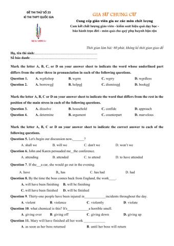 Đề thi thử Tiếng Anh THPT Quốc gia số 23