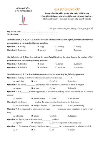 Đề thi thử Tiếng Anh THPT Quốc gia số 25