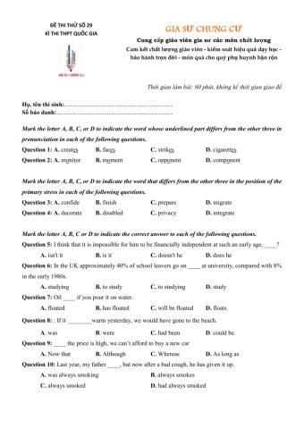 Đề thi thử Tiếng Anh THPT Quốc gia số 29