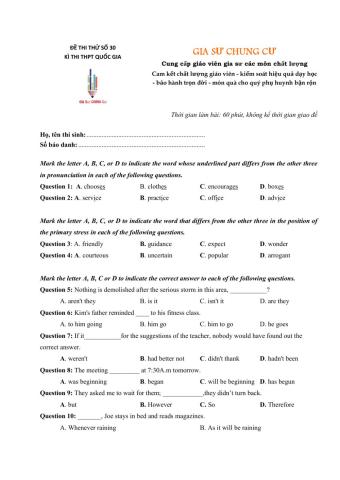 Đề thi thử Tiếng Anh THPT Quốc gia số 30