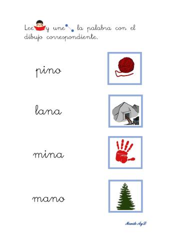 Lectura 10 p - m - l - s - t - d - n. Asociación palabra - dibujo.