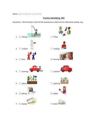 Practice Identifying the Inflectional Ending -ing w visual supports