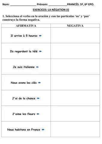 Ficha LA NEGACIÓN (I) FRANCÉS