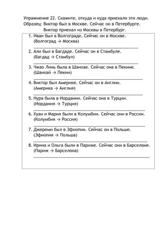 Упражнение 22. Скажите, откуда и куда приехали эти люди.