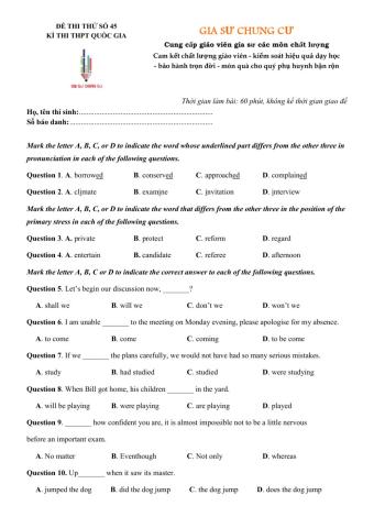 Đề thi thử Tiếng Anh THPT Quốc gia số 45