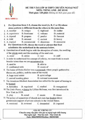 Đề thi Tiếng Anh vào lớp 10 THPT Chuyên Ngoại ngữ