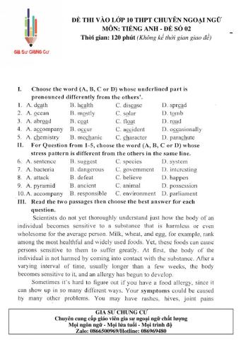 Đề thi Tiếng Anh vào lớp 10 THPT Chuyên Ngoại ngữ