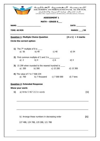 Assessment 1 - Grade 6 - 2020 to 2021