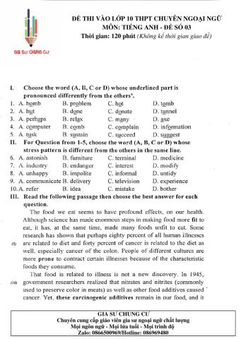 Đề thi Tiếng Anh vào lớp 10 THPT Chuyên Ngoại ngữ số 03