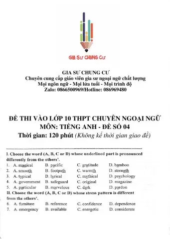 Đề thi Tiếng Anh vào lớp 10 THPT Chuyên Ngoại ngữ số 04