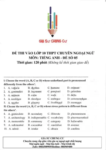 Đề thi Tiếng Anh vào lớp 10 THPT Chuyên Ngoại ngữ số 05