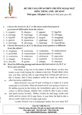 Đề thi Tiếng Anh vào lớp 10 THPT Chuyên Ngoại ngữ số 07