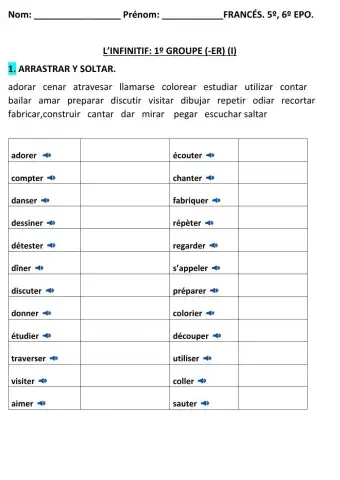 Ficha INFINITIFS 1º GROUPE (I)