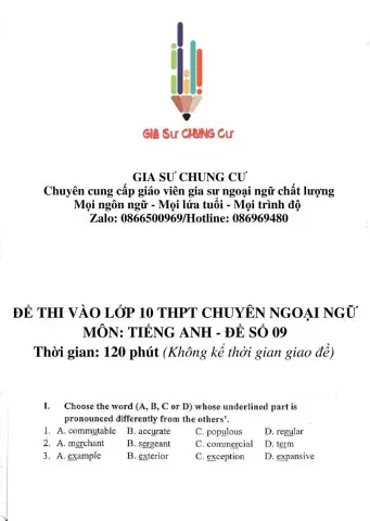 Đề thi Tiếng Anh vào lớp 10 THPT Chuyên Ngoại ngữ số 09