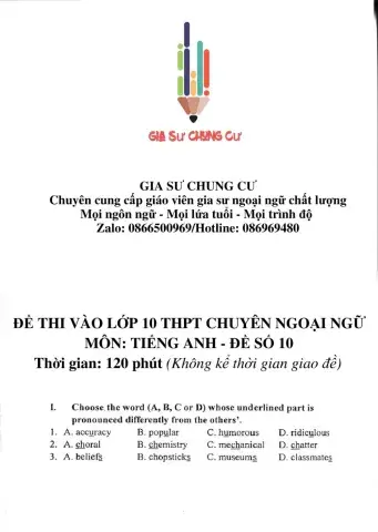 Đề thi Tiếng Anh vào lớp 10 THPT Chuyên Ngoại ngữ số 10