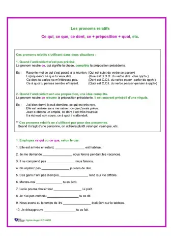 Les pronoms relatifs neutre Ce qui, ce que, ce dont, ce + préposition + quoi, etc.