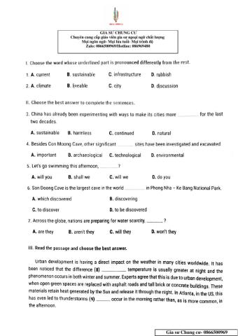 Lớp 11 - Kiểm tra 15 phút lần 2 Unit 1,2,3