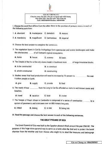Lớp 11 - Kiểm tra 15 phút lần 3 Unit 1,2,3